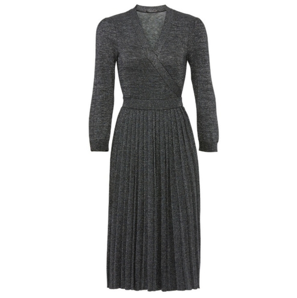 Kate Spade New York Faux Wrap Dress Grey Metallic Silver Knit Pleated V Neck XS - Picture 1 of 14